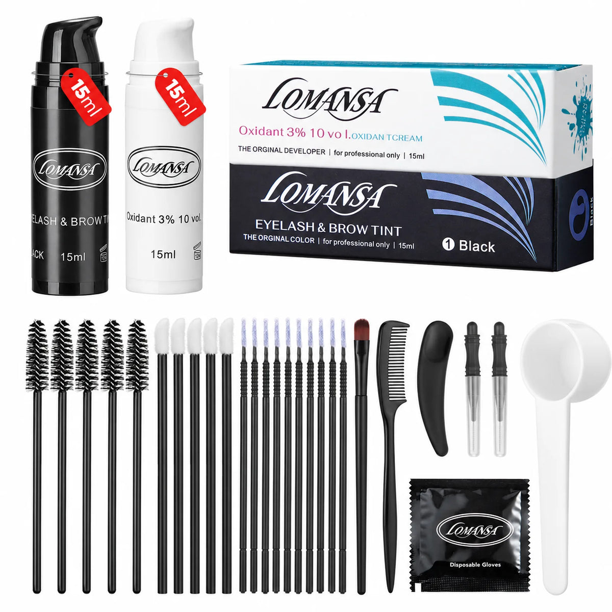 LOMANSA 15ml black lash and brow tint kit with 3% Oxidant Cream, Black 15ml tint, developer, applicator tools and complete application accessories