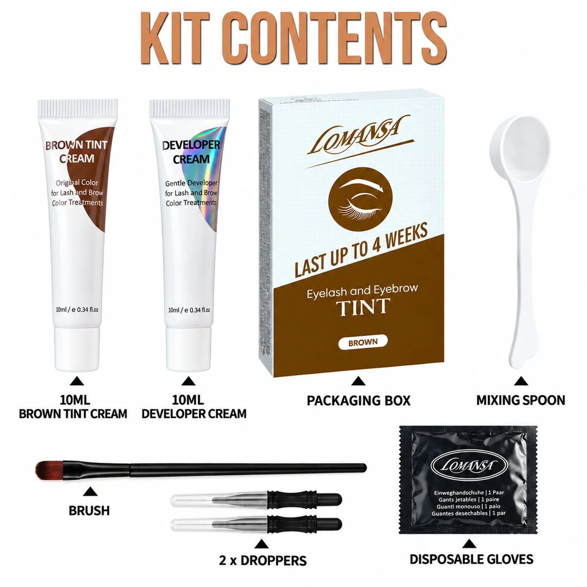 LOMANSA 10ml brown lash and brow tint kit contents with tint cream, developer, spoon, brush, applicators, and gloves