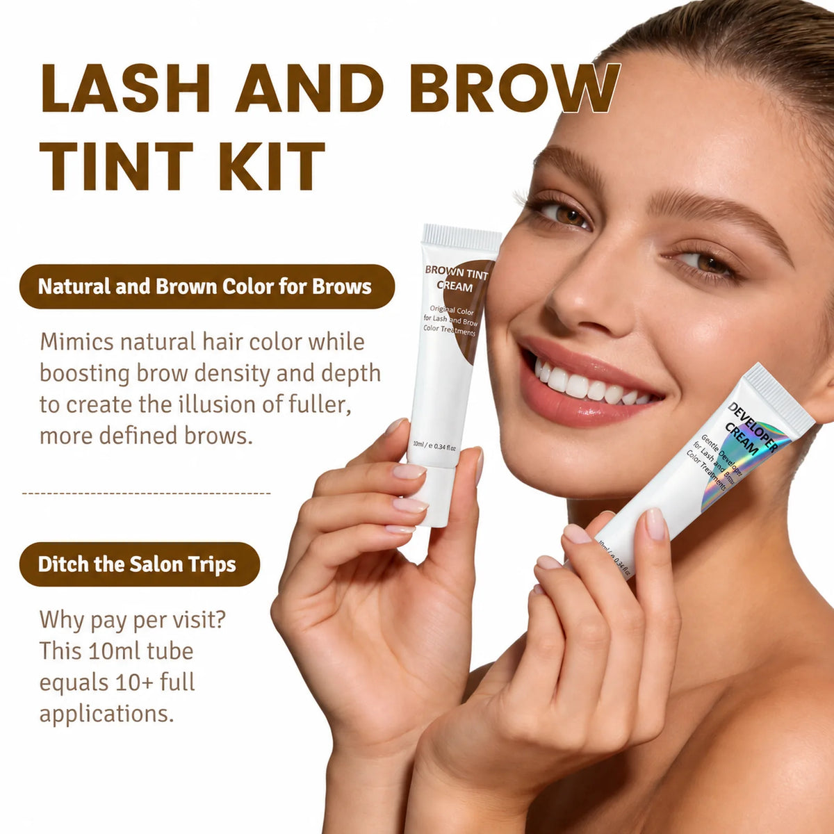 LOMANSA 10ml brown lash and brow tint kit shown with model for natural-looking fuller brows and defined lashes