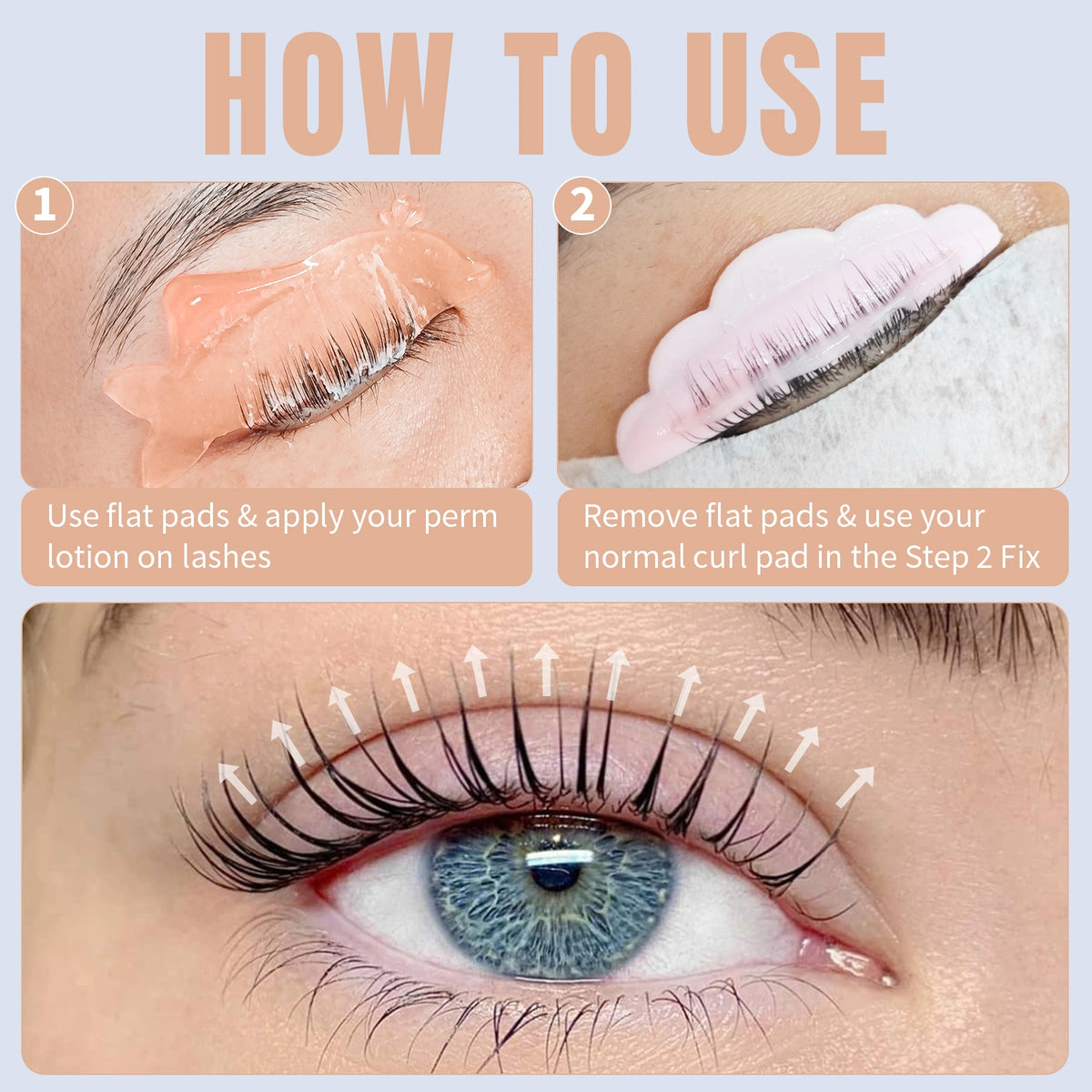 LOMANSA lash lift guide: apply perm lotion on peach dolphin pads, switch to curl pads for step 2; lifted lashes shown.