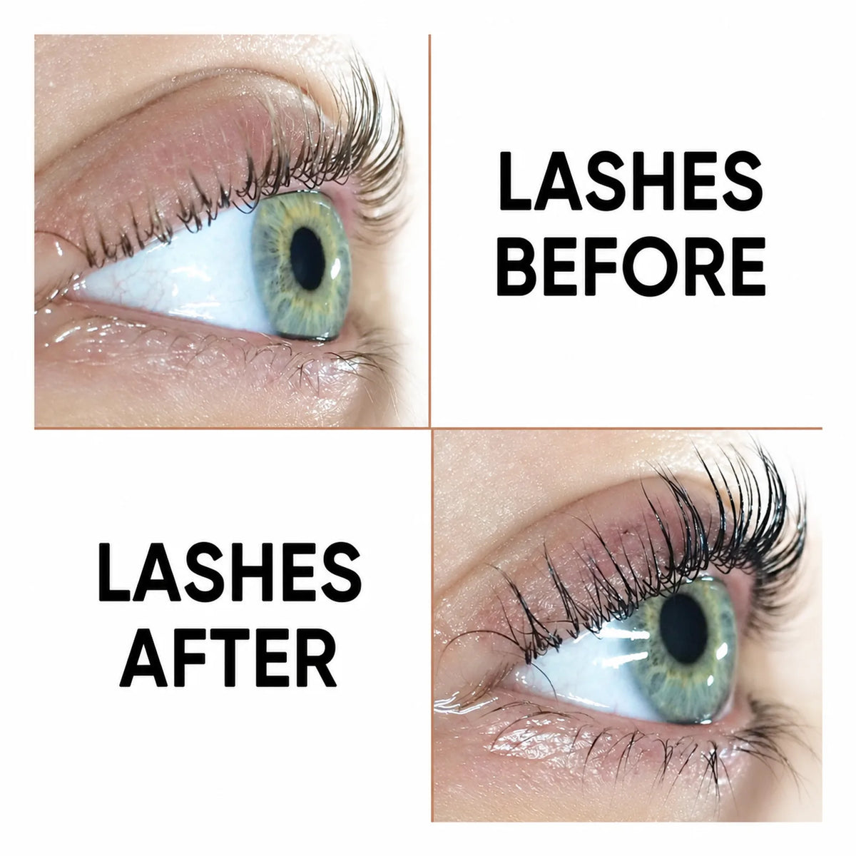 LOMANSA eyelash tint before and after, showing darker, more defined lashes after application