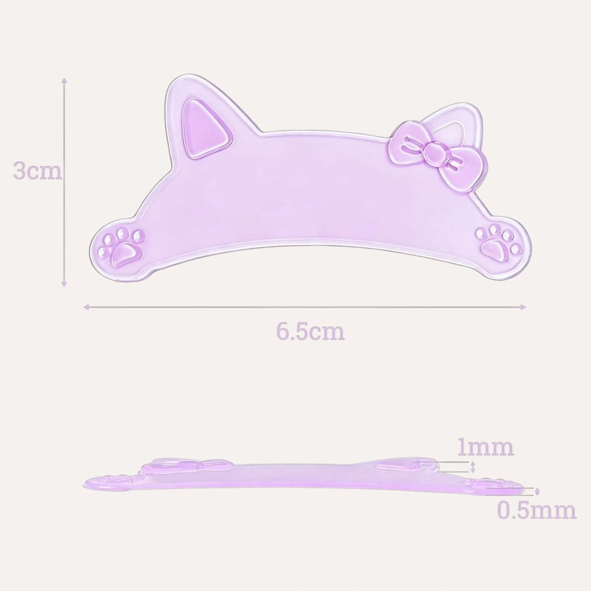 Lavender cat-shaped flat lash lift shield shown as 6.5 cm wide and 3 cm high, with 0.5 mm and 1 mm thickness labels.