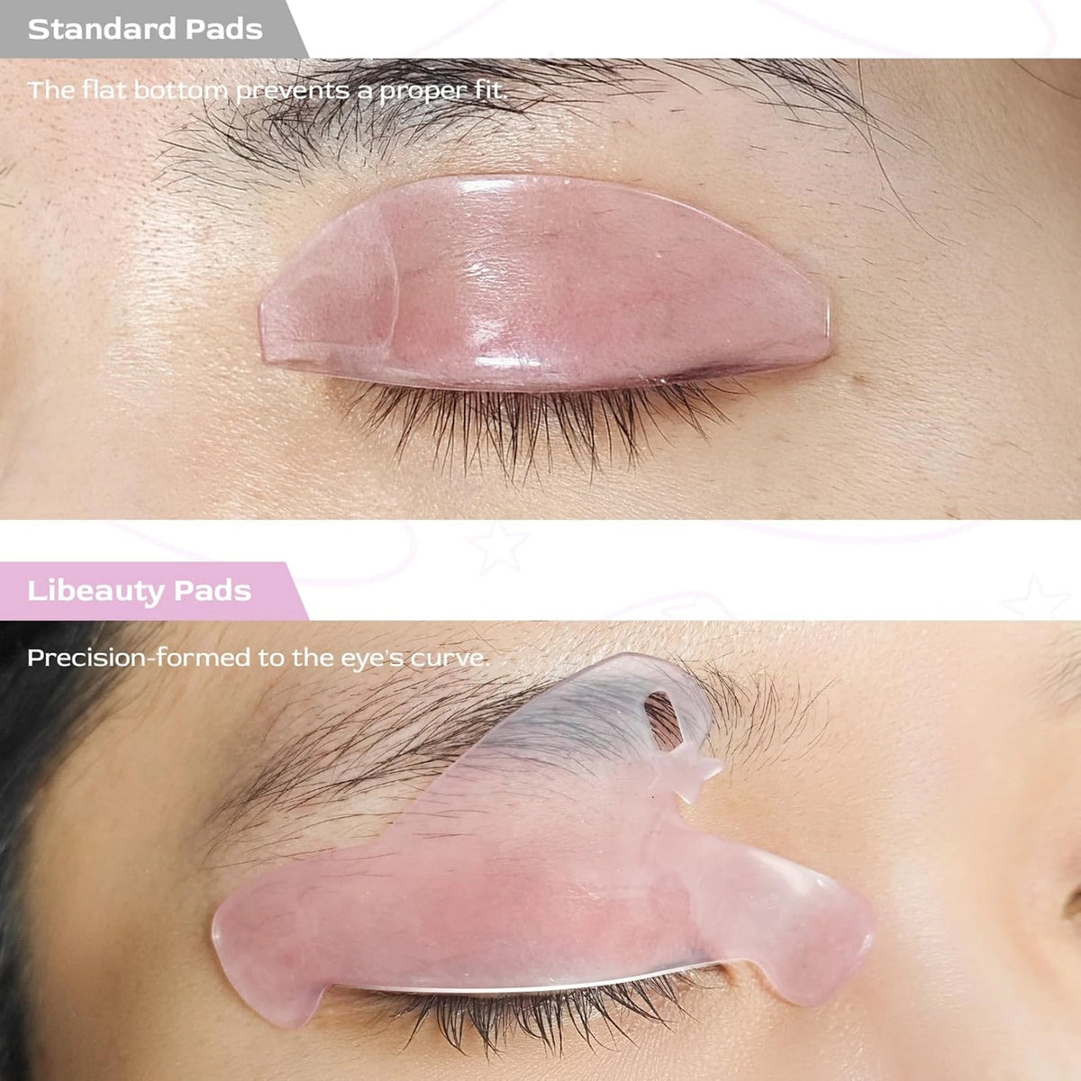 Lash lift pad fit comparison showing a standard pad above and a contoured pink shield labeled Libeauty Pads below.