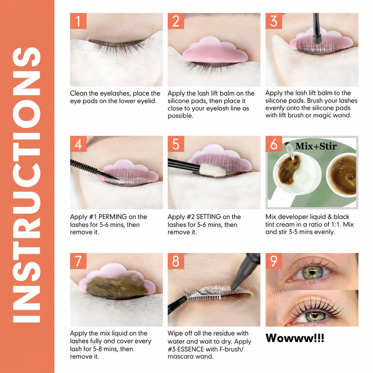 Nine-panel application guide for the LOMANSA lash lift and tint kit showing preparation, lifting, setting, tinting and finishing