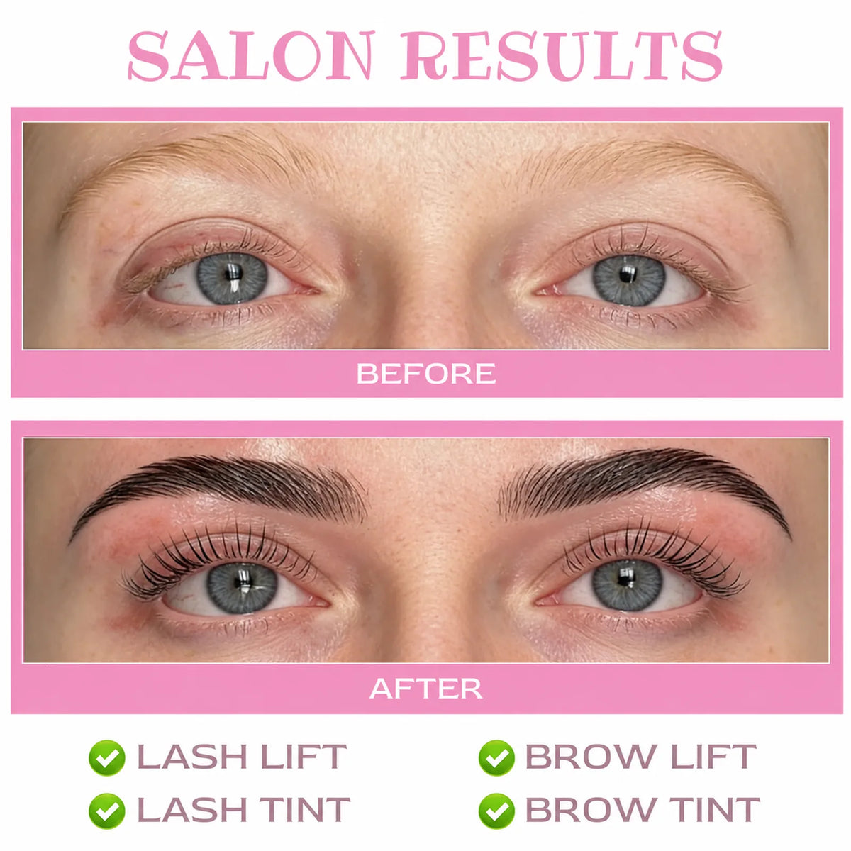 LOMANSA lash and brow lift and tint kit before-and-after salon results for lifted lashes and defined brows