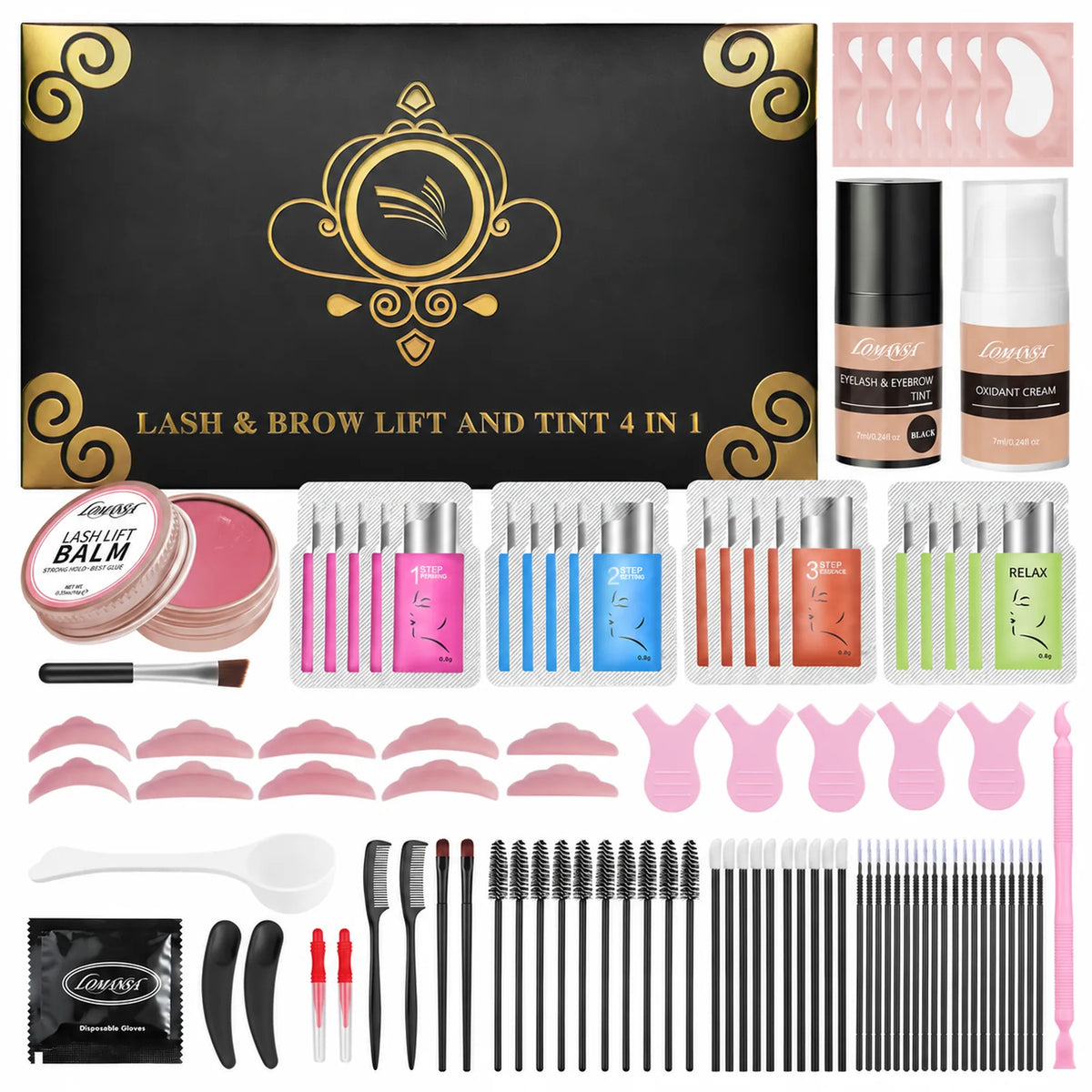 LOMANSA lash and brow lift and tint kit with perming, setting, essence and relax sachets, tint, developer and tools