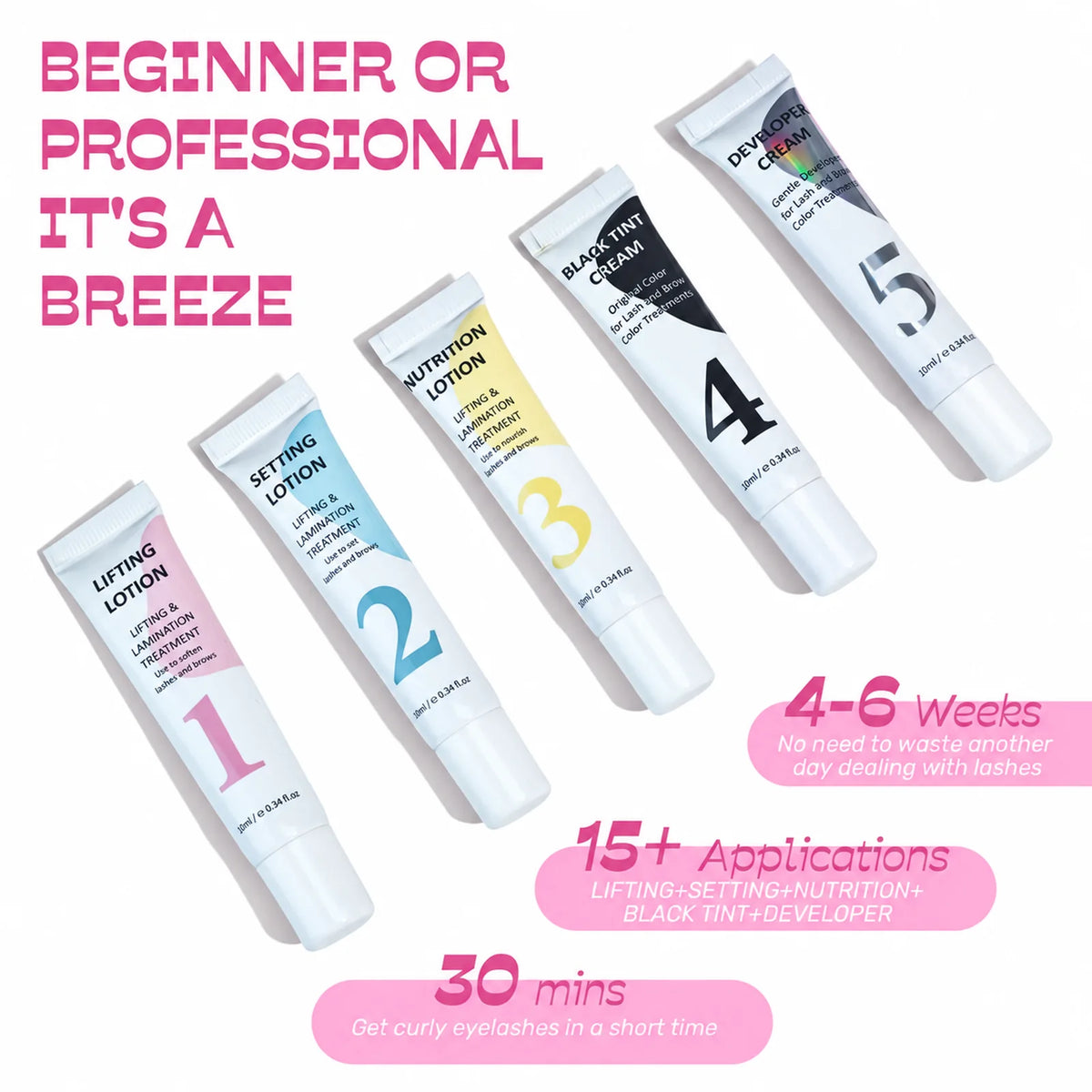 LOMANSA lash and brow lift and tint lotions highlighting 4–6 week results, 15+ applications and 30-minute use