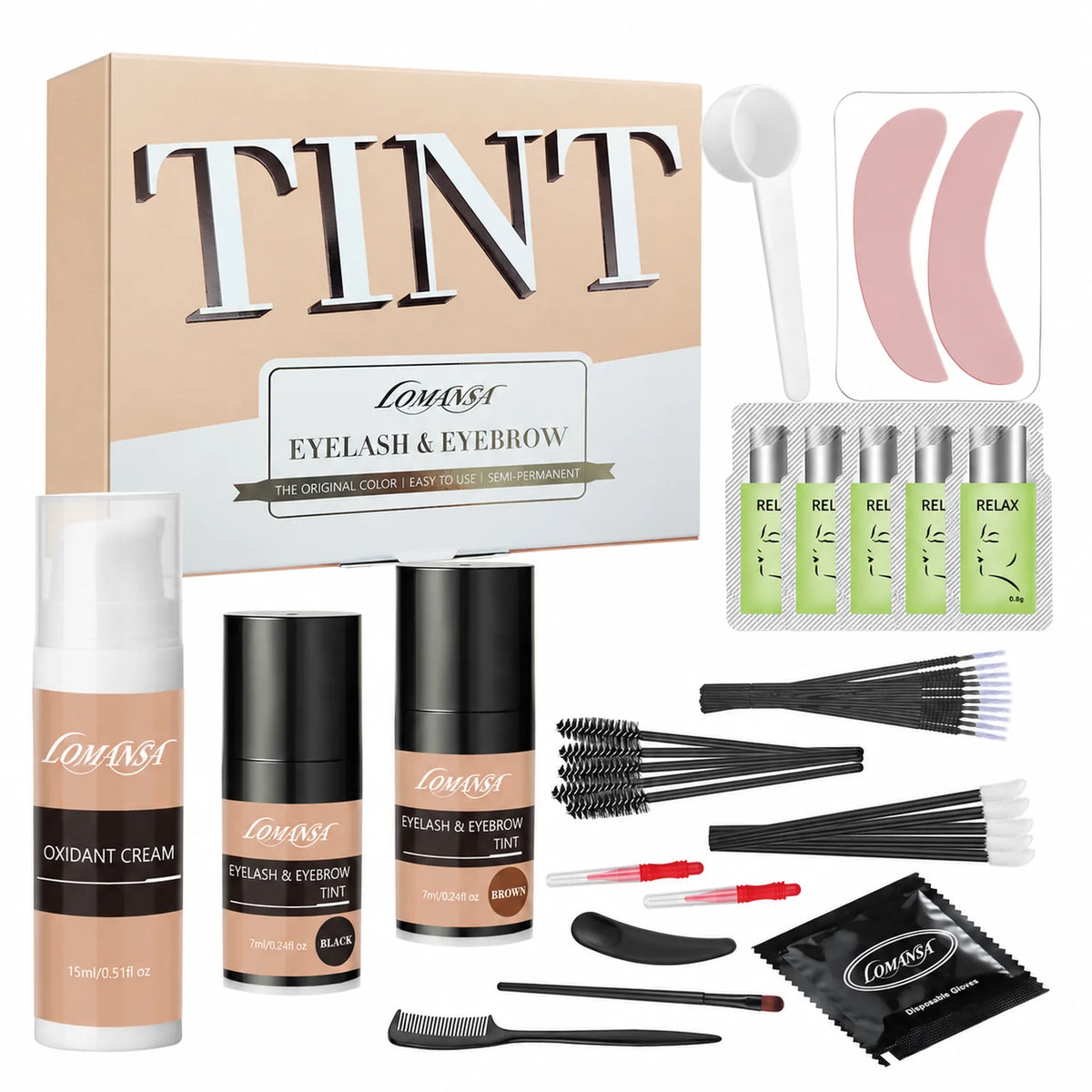 LOMANSA lash and brow tint kit with tint bottles, oxidant cream, pads, brushes and application accessories