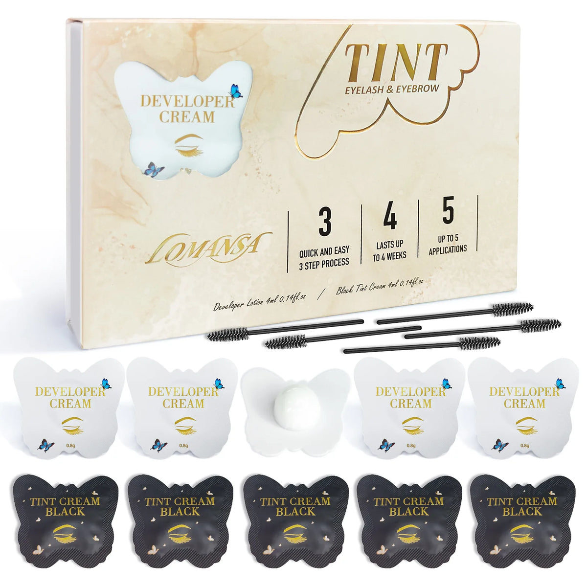 LOMANSA black lash and brow tint kit with developer cream, black tint cream, and application brushes.