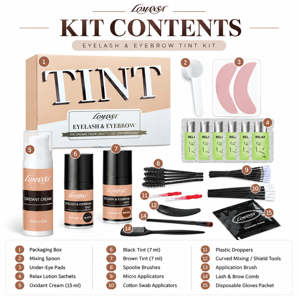 LOMANSA lash and brow tint kit contents labeled with tint, oxidant cream, pads, brushes and application tools