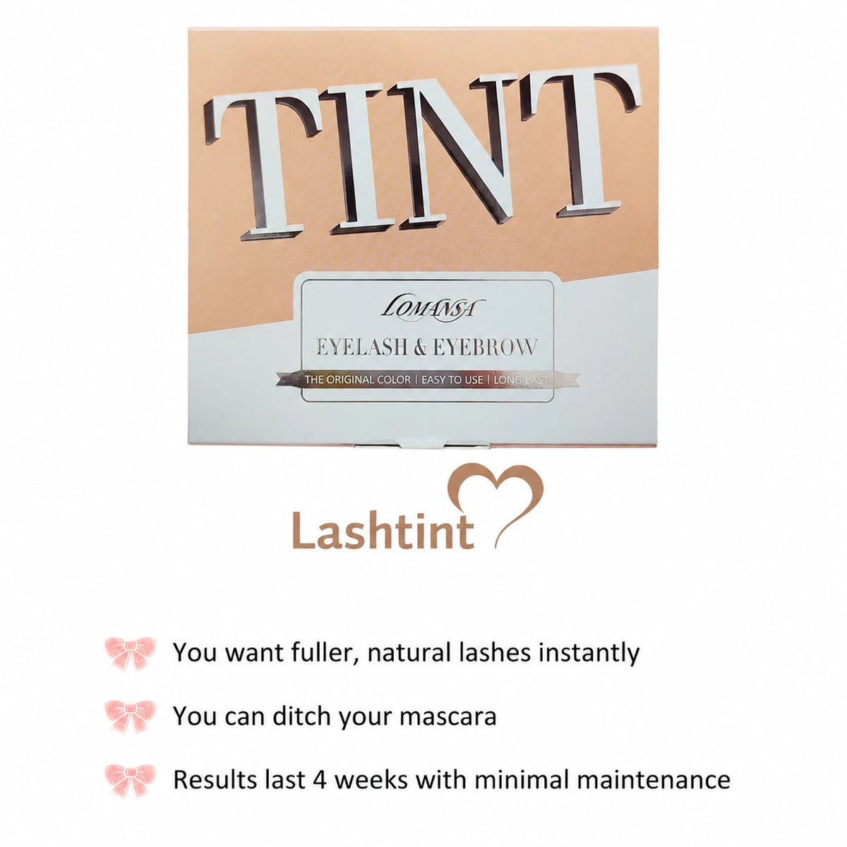 LOMANSA eyelash and eyebrow tint kit box with product packaging and tint benefit highlights