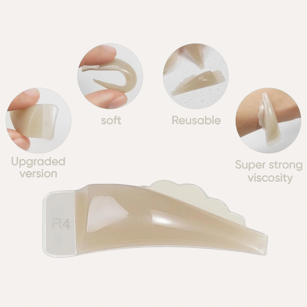 Beige lash lift pad labeled R4 with close-ups showing its design, flexibility, washing and adhesion to skin.