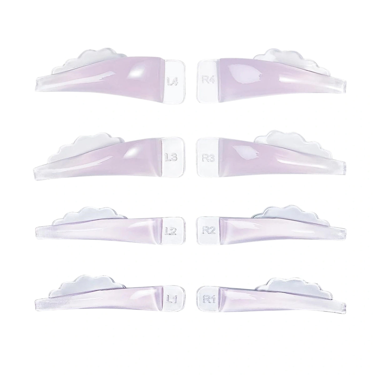 Eight lavender lash lift pads arranged in four left-right pairs, labeled L1-L4 and R1-R4, on a white background.