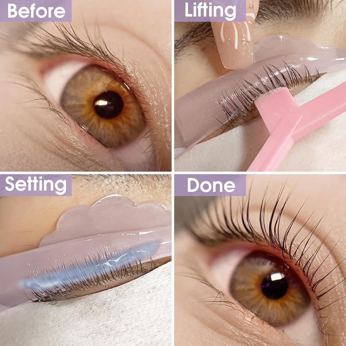 Four panels show lashes before treatment, lifting and setting on lavender lash lift pads, and the finished curl.