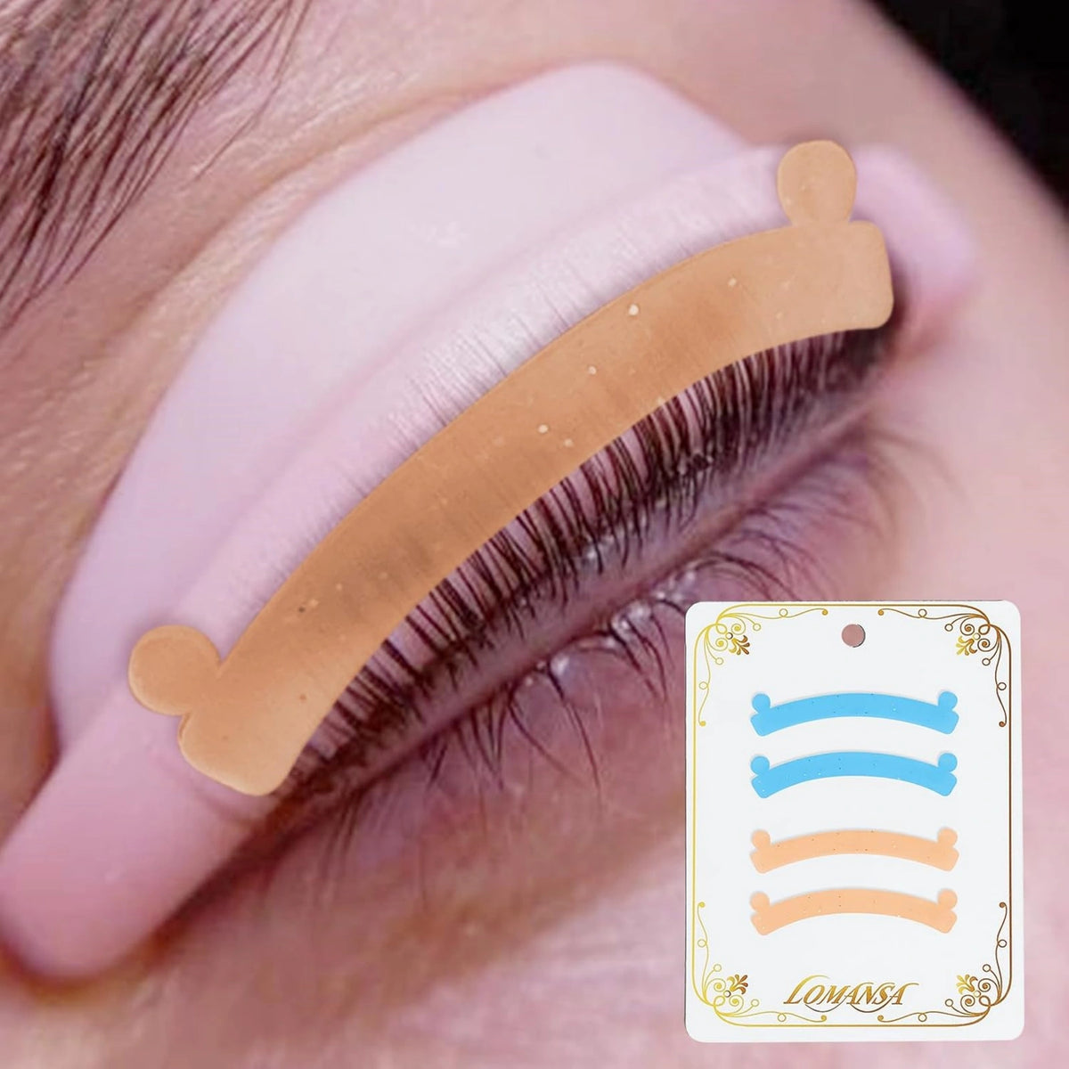 LOMANSA orange lash lift ribbon holding lashes against a curved lash shield, with a four-piece pack inset.