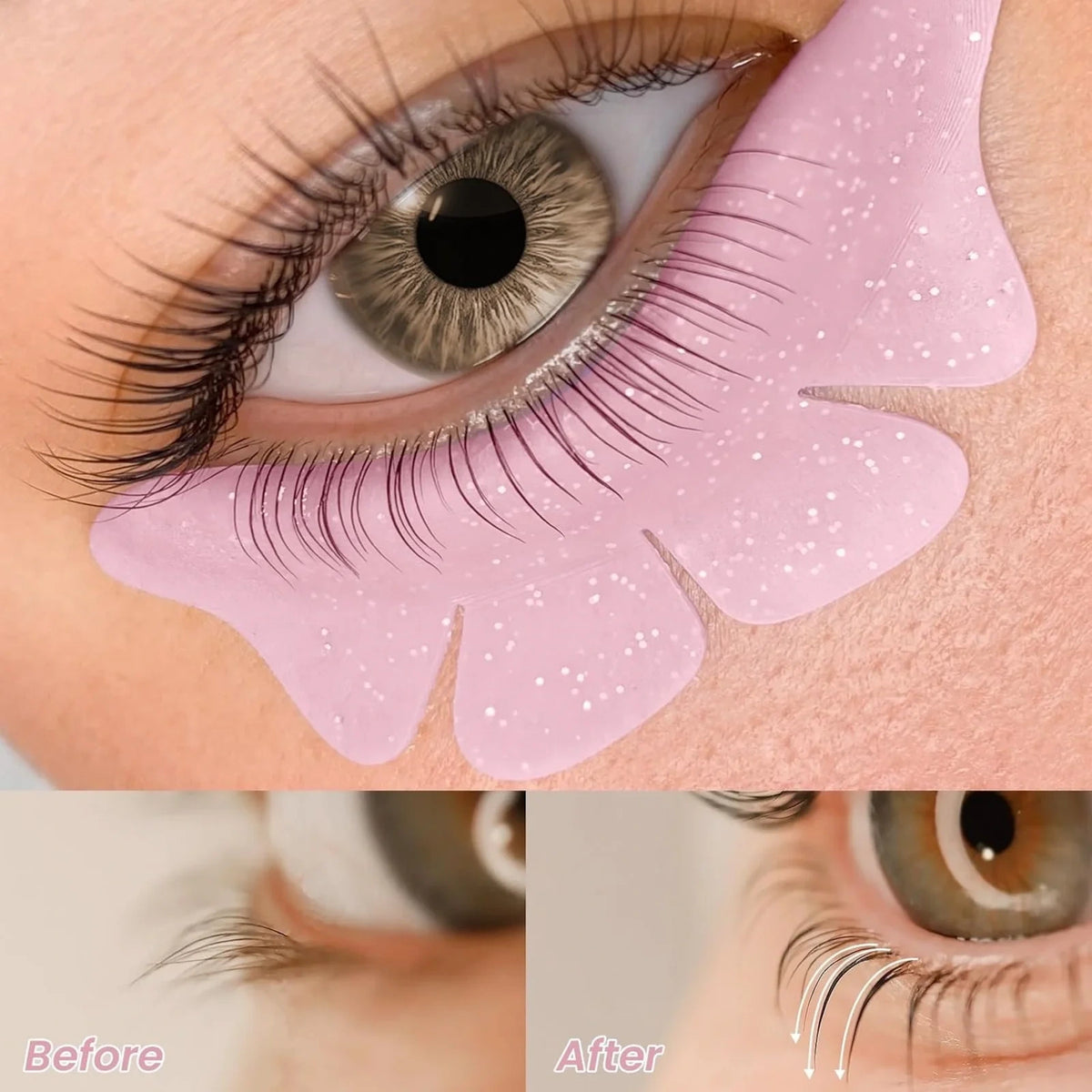 Pink lower lash lift shield beneath an eye with aligned lower lashes and a before-and-after treatment comparison.