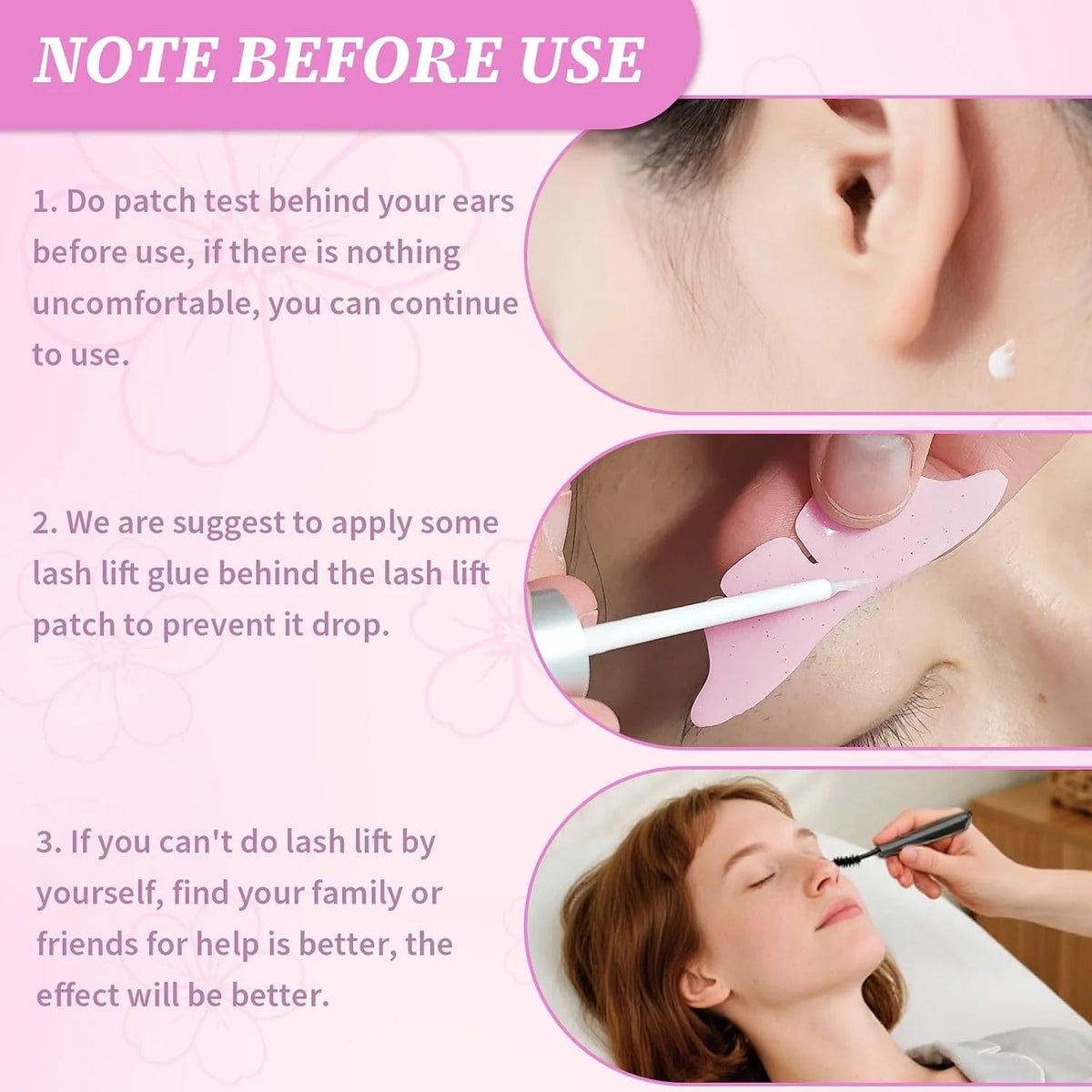 Lower lash lift instruction graphic illustrating patch testing, adhesive application, and treatment assistance.