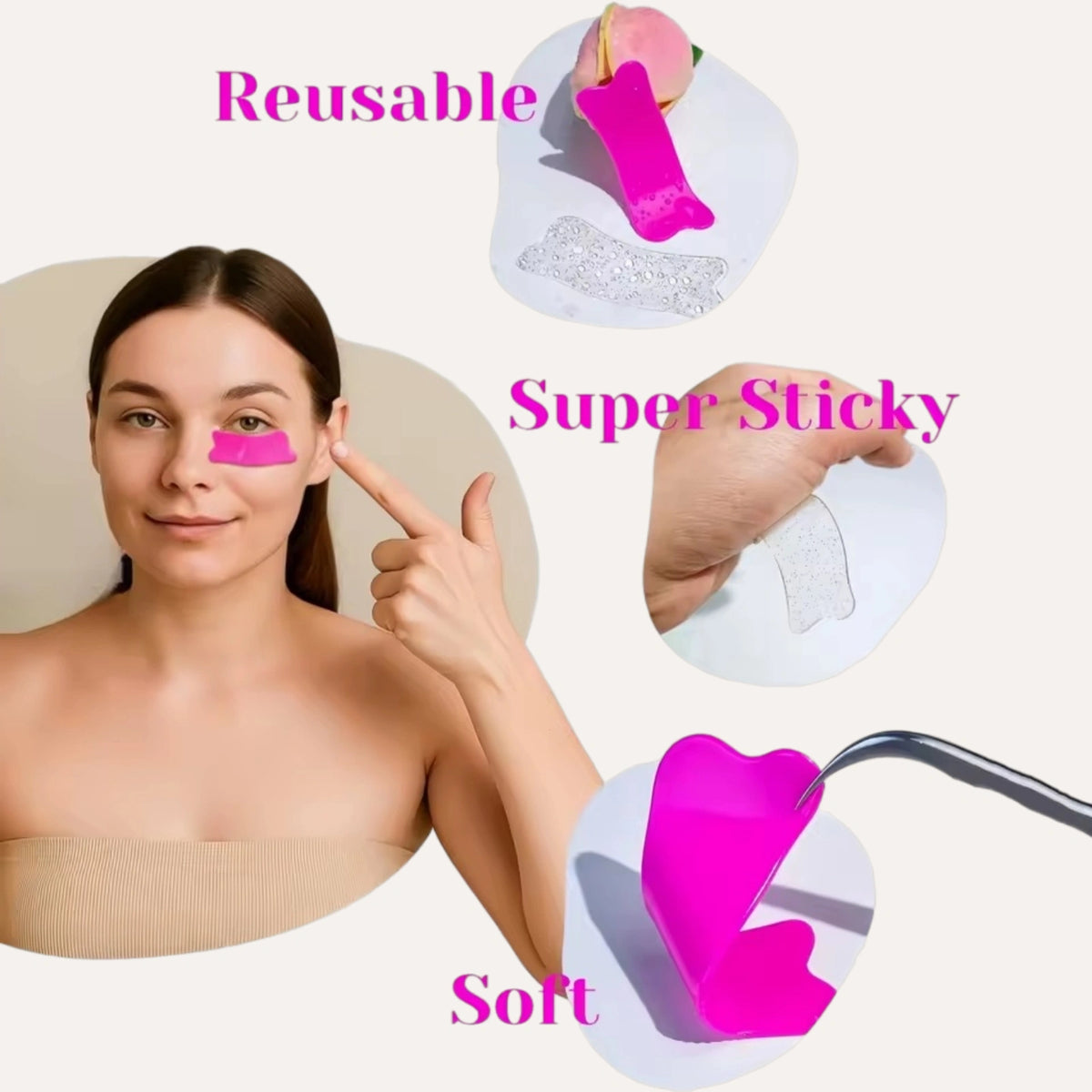 Pink under-eye pad worn below an eye, with close-ups illustrating reusability, adhesion and flexibility.
