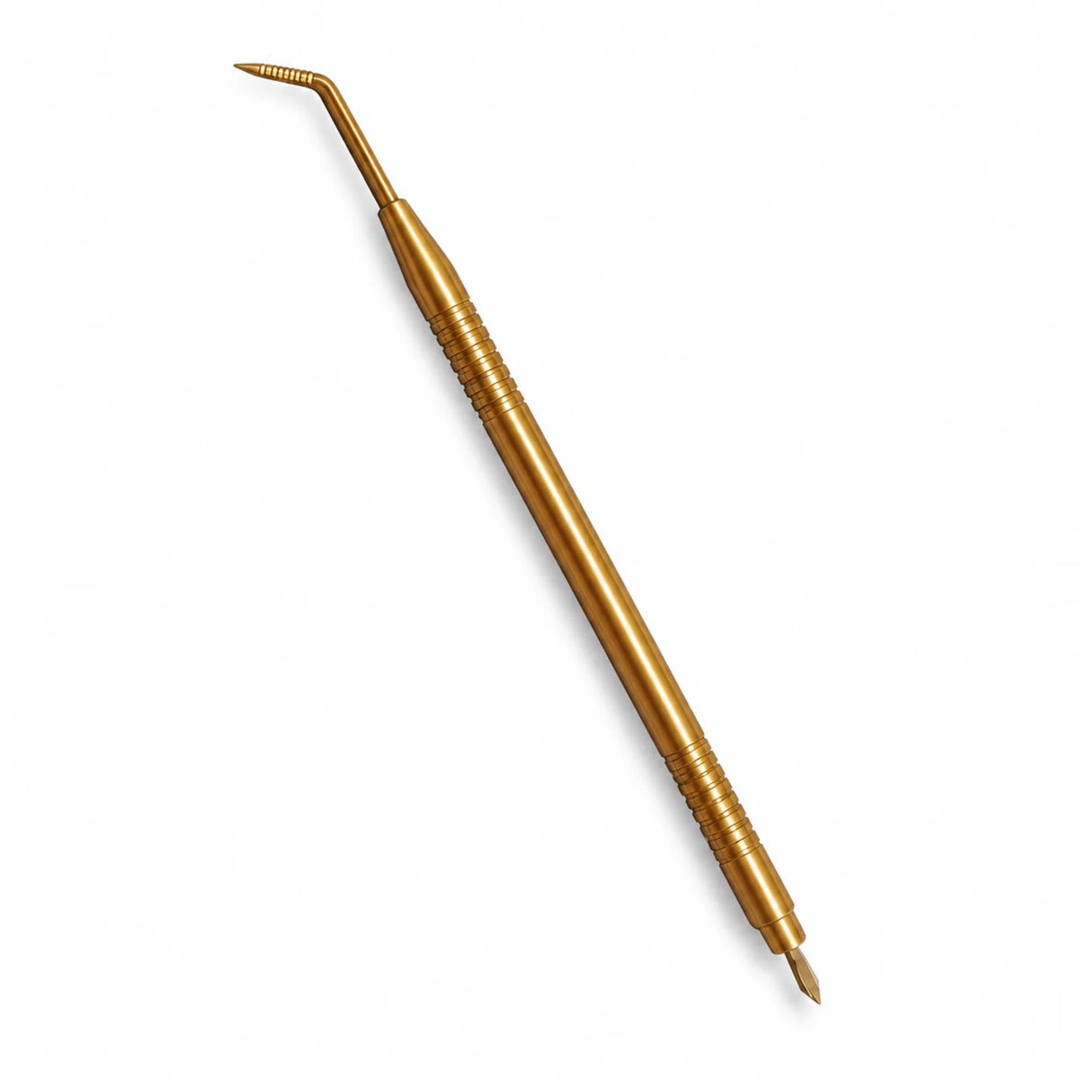 Lomansa gold double-ended lash lift separator with angled precision tip and comb end on a white background.