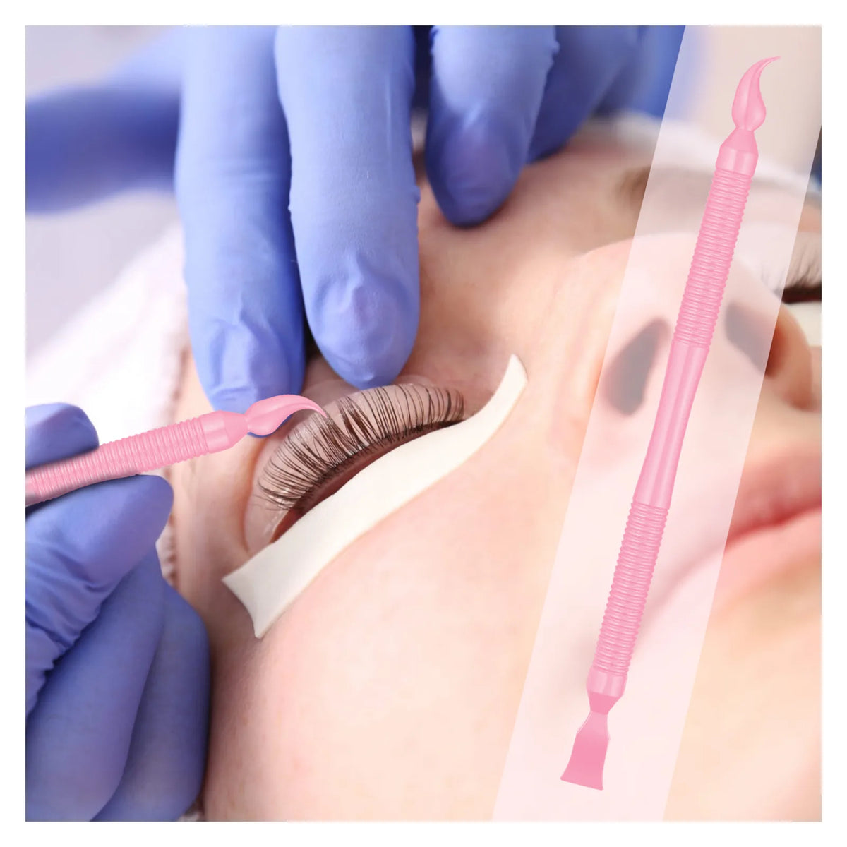 Lomansa pink lash lift magic wand used to position lashes on a silicone shield during a lash lifting treatment.