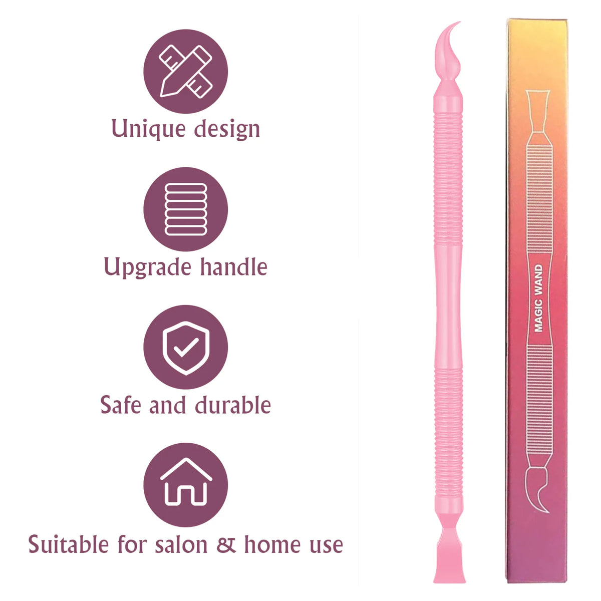 Lomansa pink lash lift magic wand with ribbed grips, curved hook and flat tip beside its product packaging.