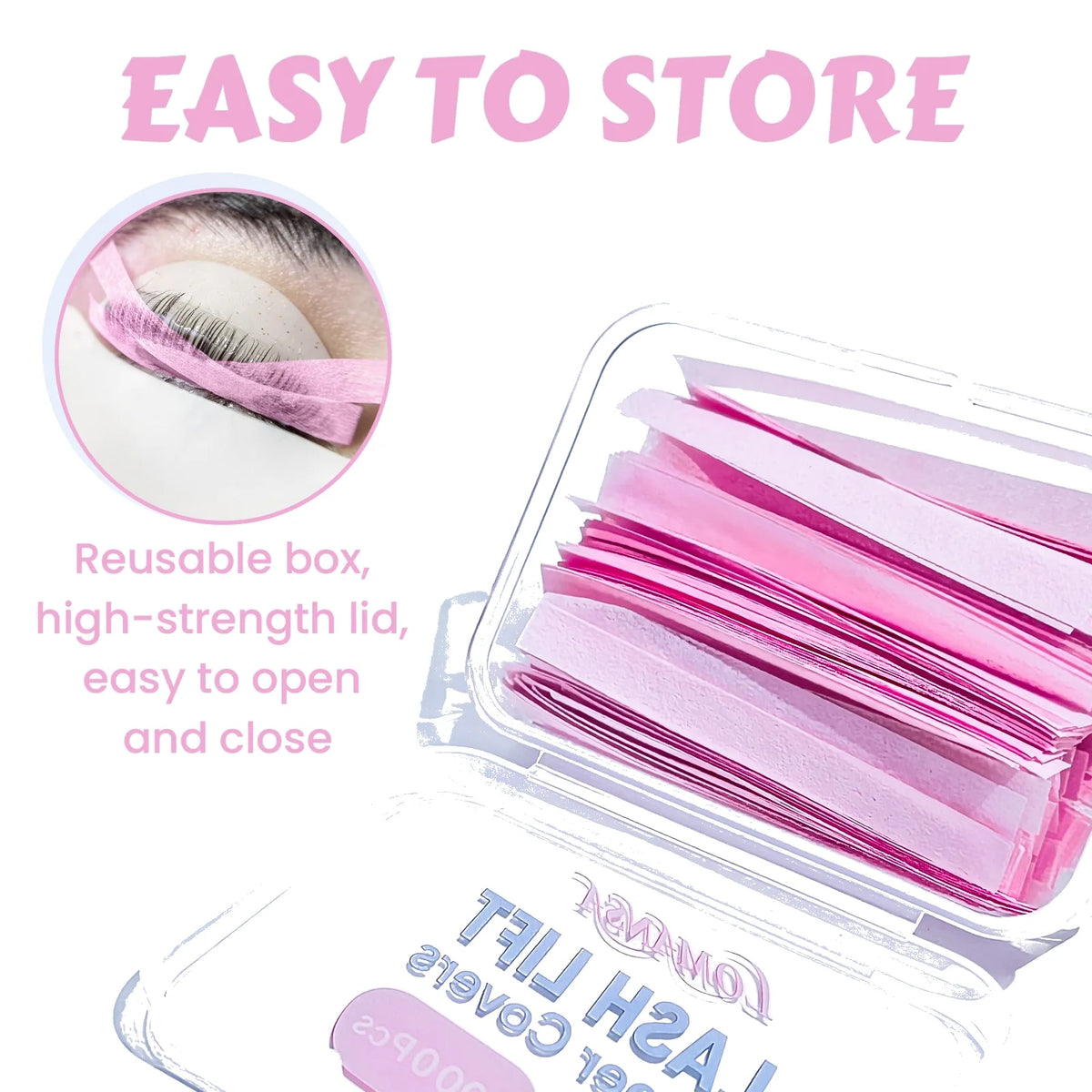Lomansa pink lash lift paper covers stacked in an open reusable clear storage box with a hinged lid.