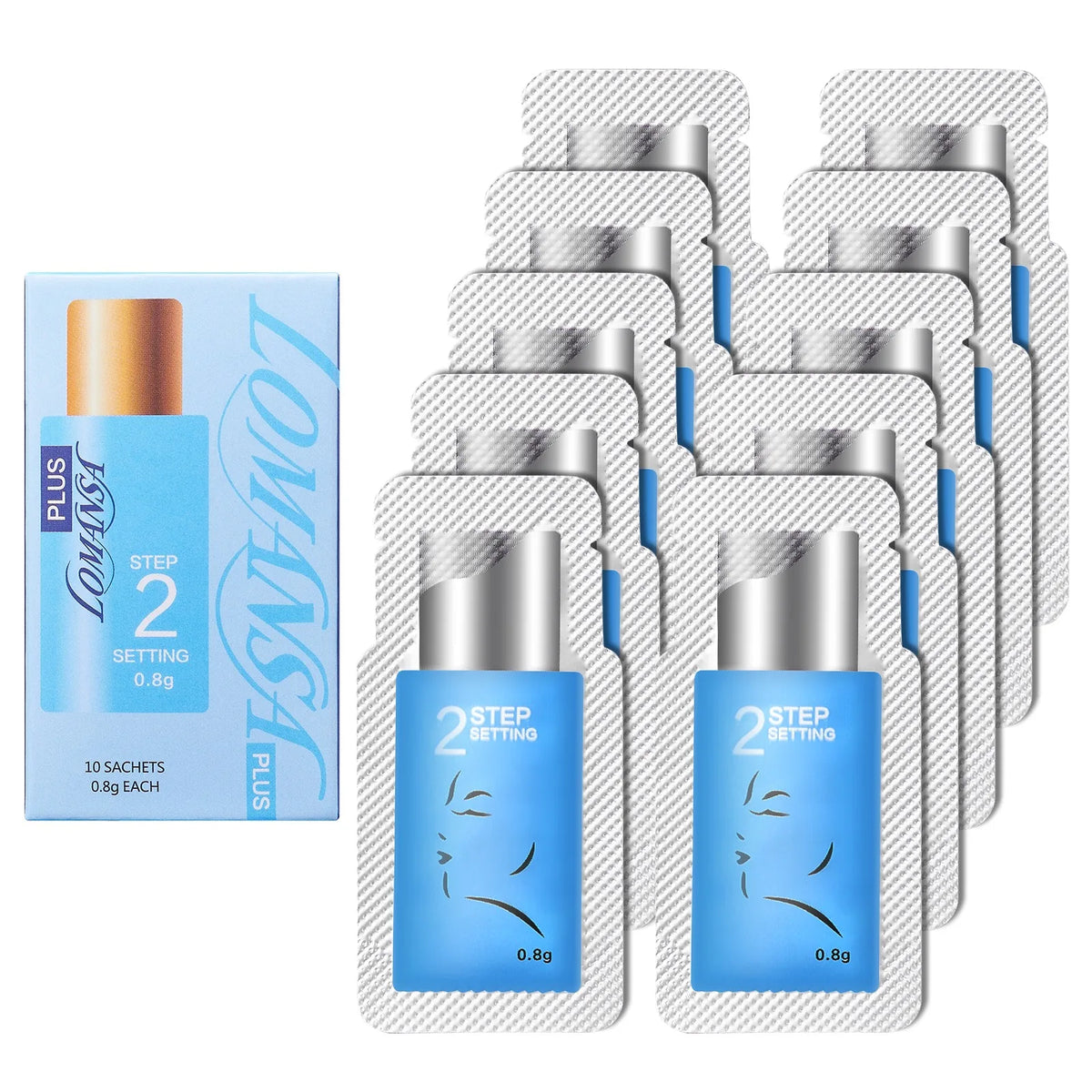 Lomansa Plus Step 2 lash lift setting lotion with 10 single-use 0.8 g sachets and blue product box.
