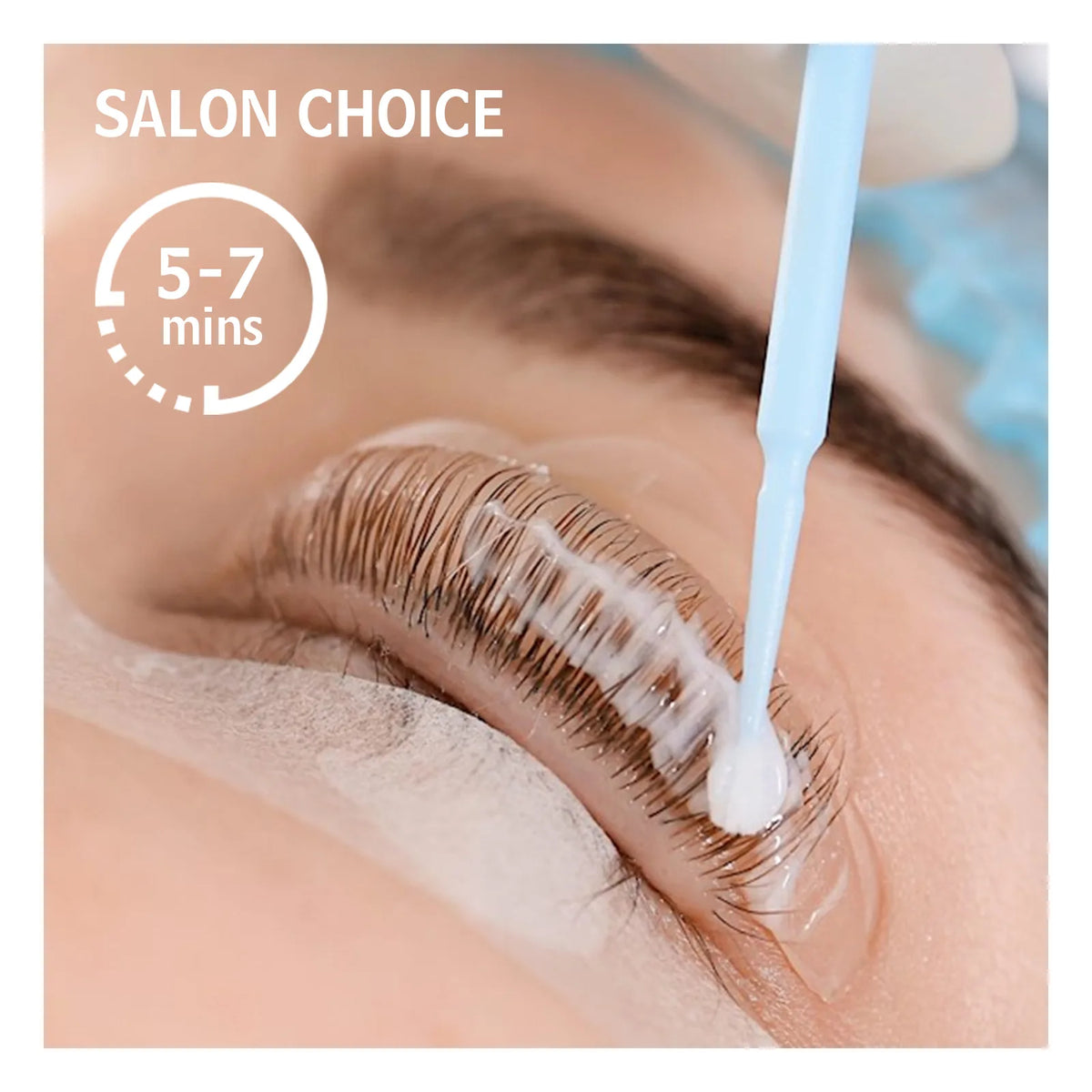 Lash lift application with white lotion spread over lashes on a curved shield, with a 5–7 minute timing graphic.