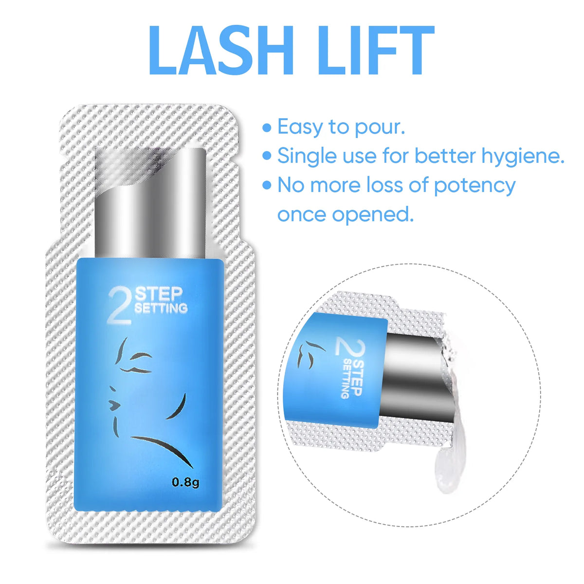 Lomansa Step 2 lash lift setting lotion in a 0.8 g single-use sachet, shown opened for easy dispensing.