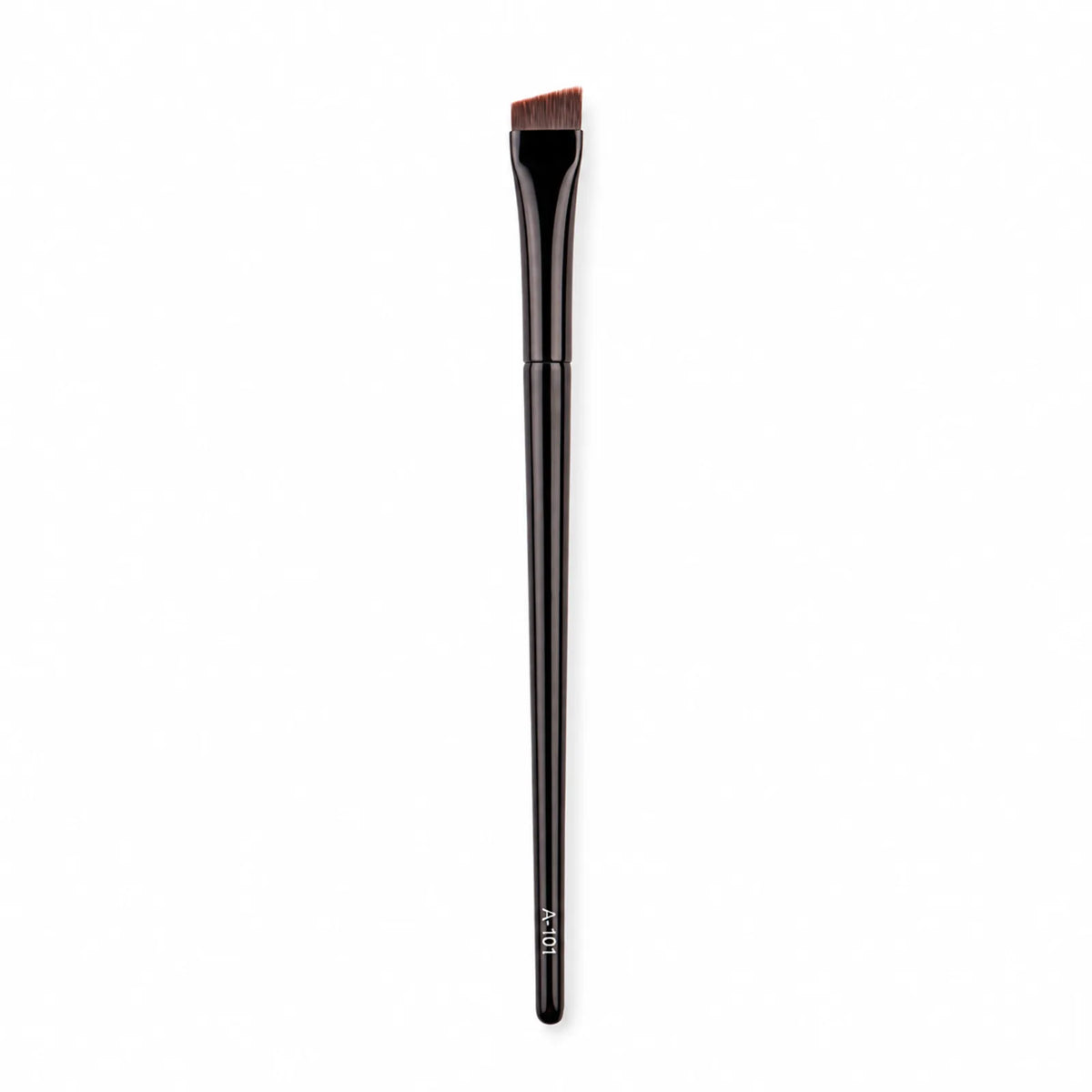Lomansa A-101 angled eyebrow brush with a glossy black handle and slanted brown bristles on a white background.