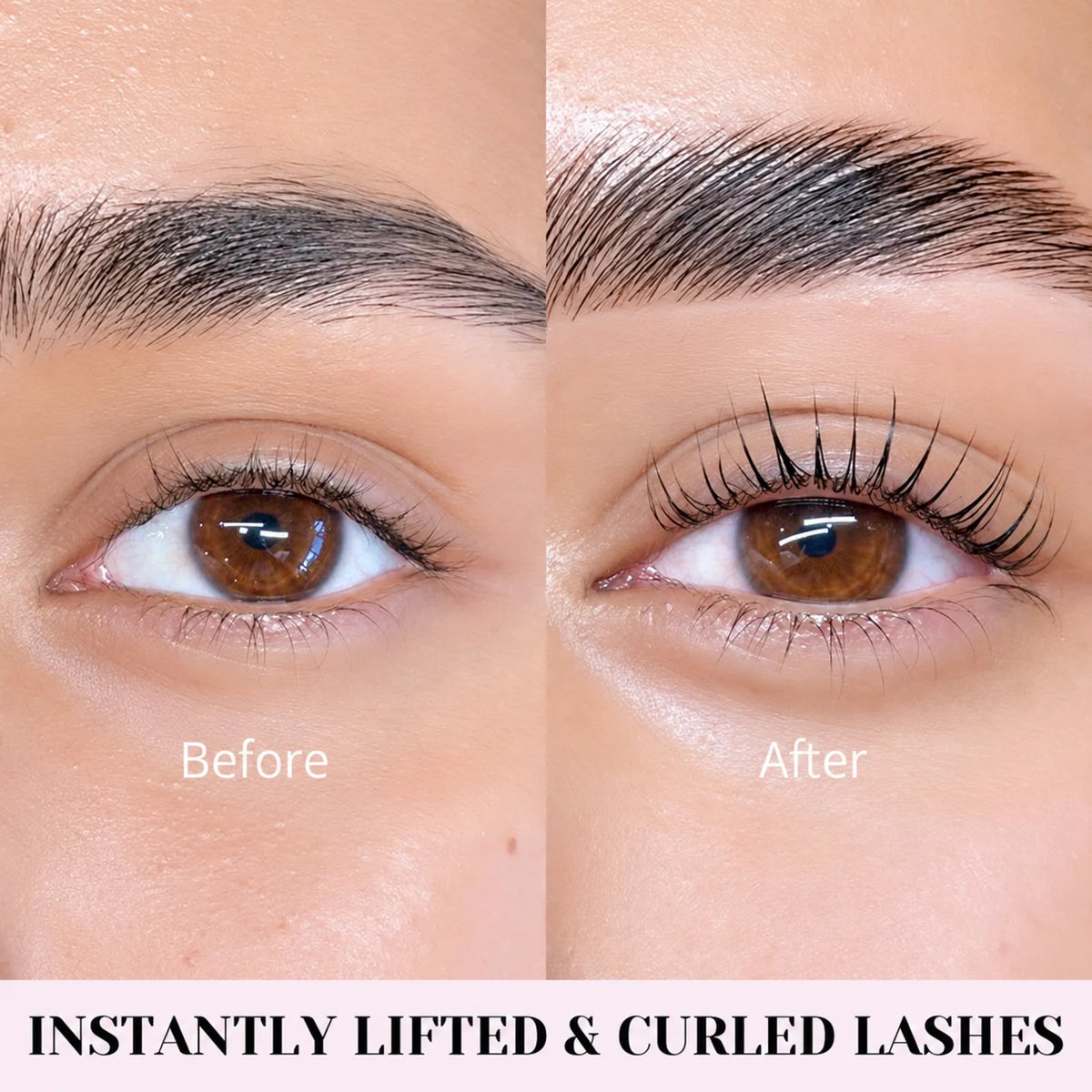 Before-and-after lash lift comparison showing natural eyelashes on the left and lifted, curled lashes on the right.