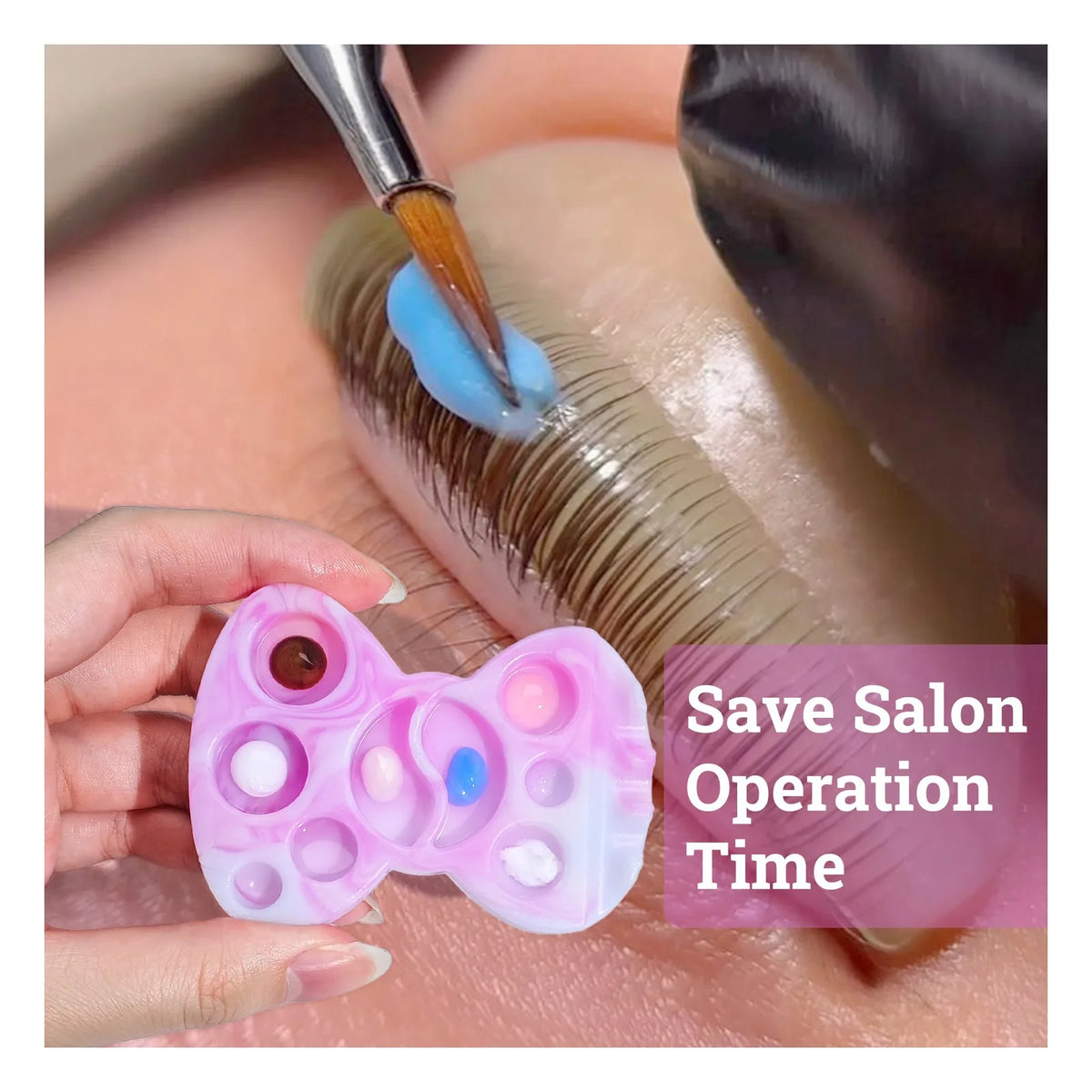 LOMANSA pink butterfly palette holding treatment products beside a brush applying blue lotion to lashes on a lash lift shield.