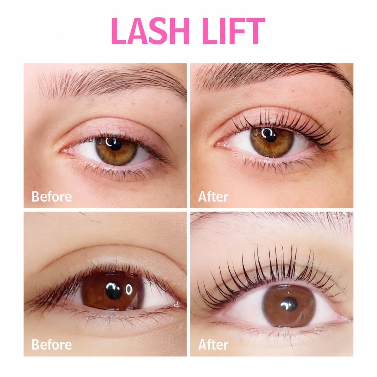 Two lash lift before-and-after comparisons showing natural eyelashes and lifted, curled lashes after treatment.
