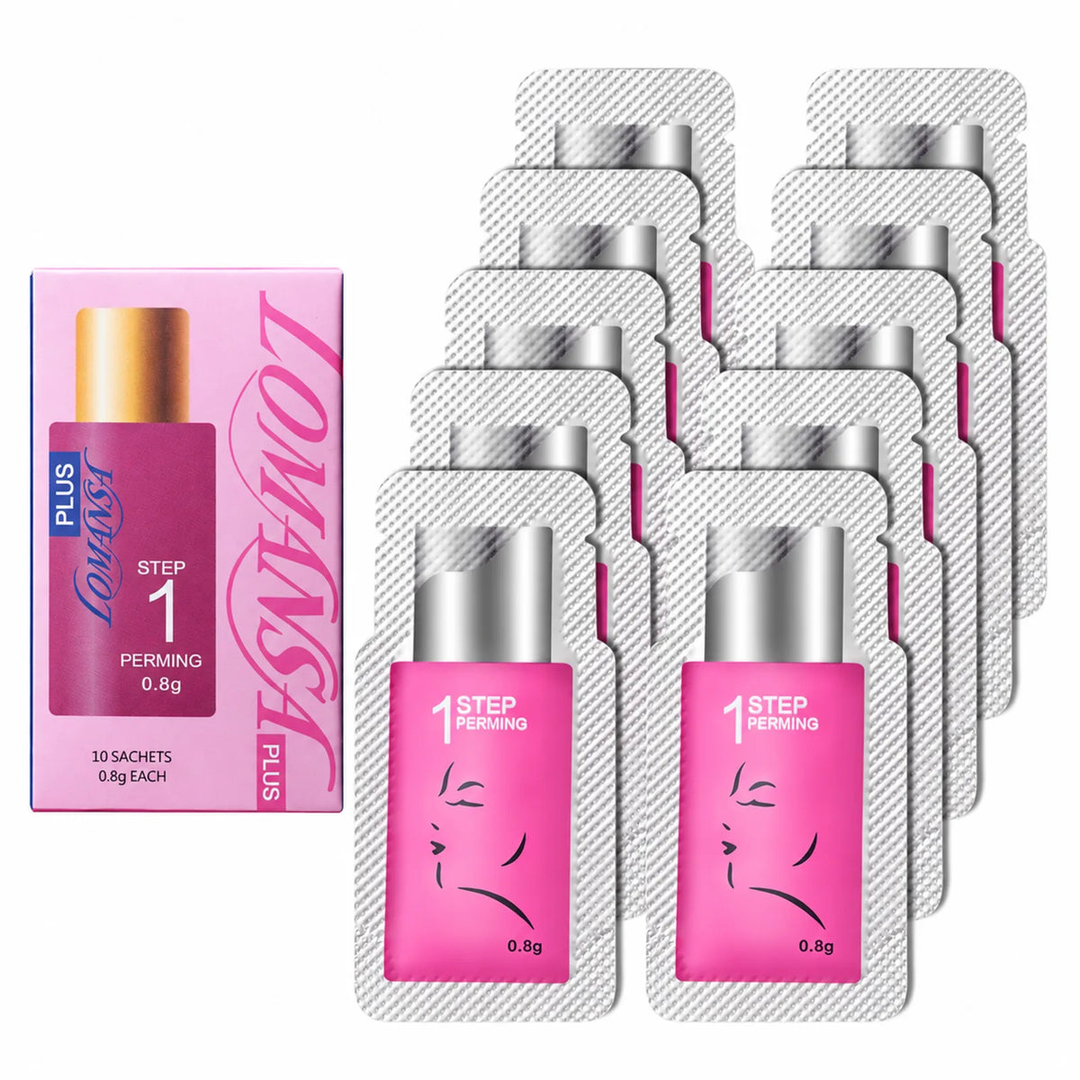 Lomansa Step 1 lash lift perming lotion box with ten 0.8g single-use sachets displayed beside it.