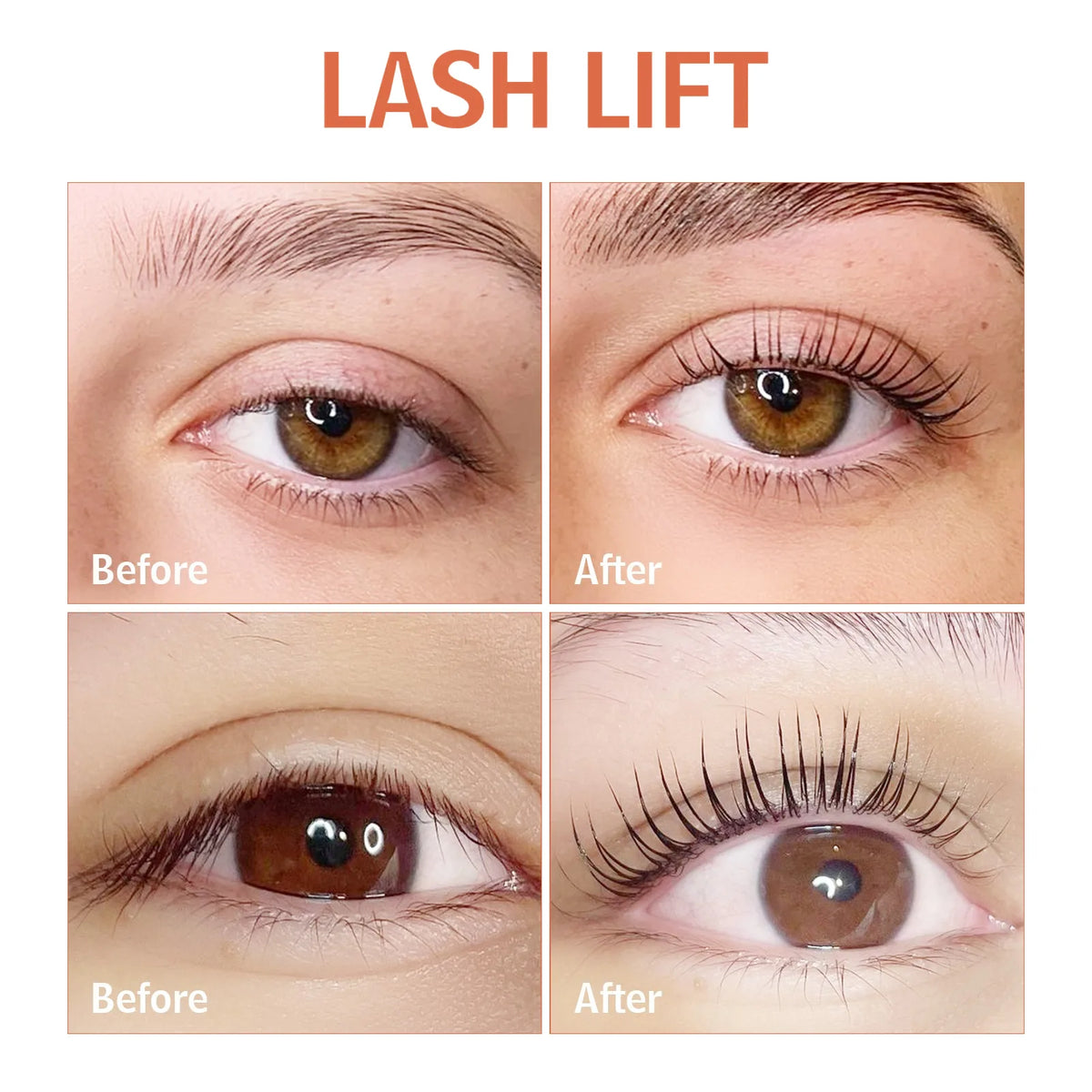 Two lash lift before-and-after comparisons showing natural eyelashes beside lifted and curled lashes.