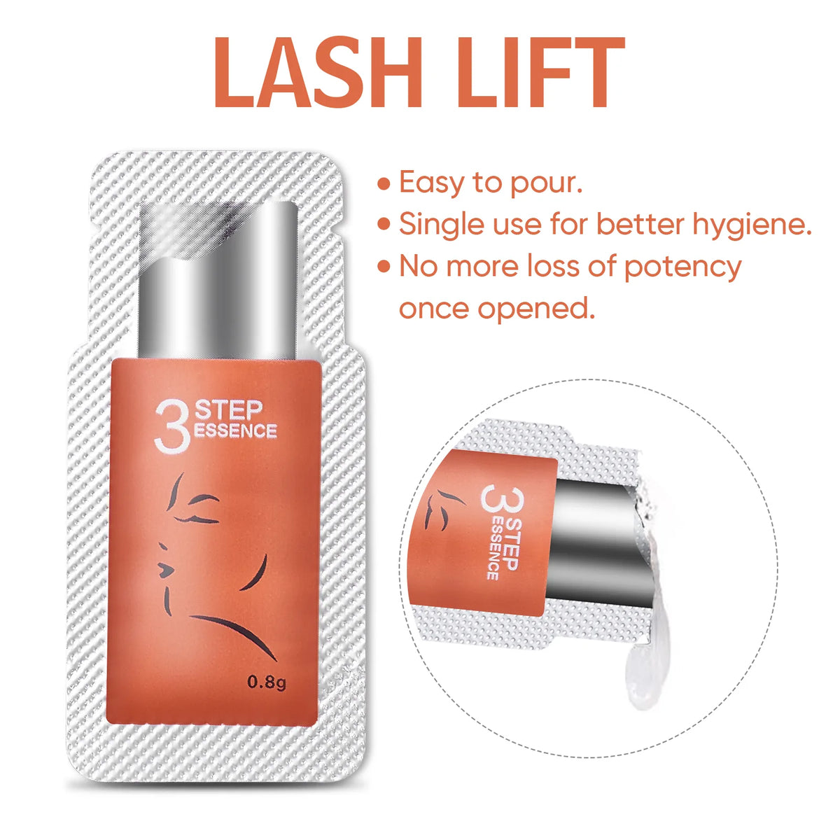Lomansa Step 3 lash lift essence in a 0.8g single-use sachet, with a detail showing white essence dispensing.