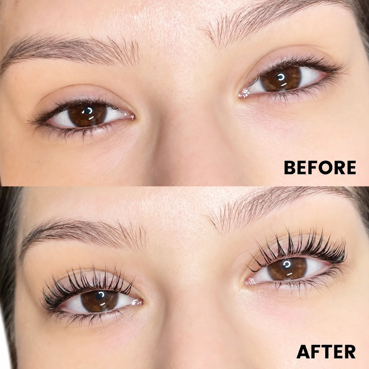 Before-and-after promotional comparison showing a visibly lifted and curled natural lash look.