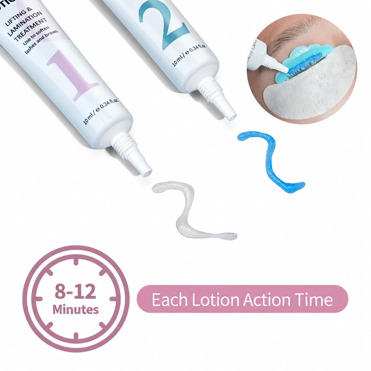 LOMANSA lifting and setting lotion tubes showing cream texture and an 8–12 minute lash processing time.