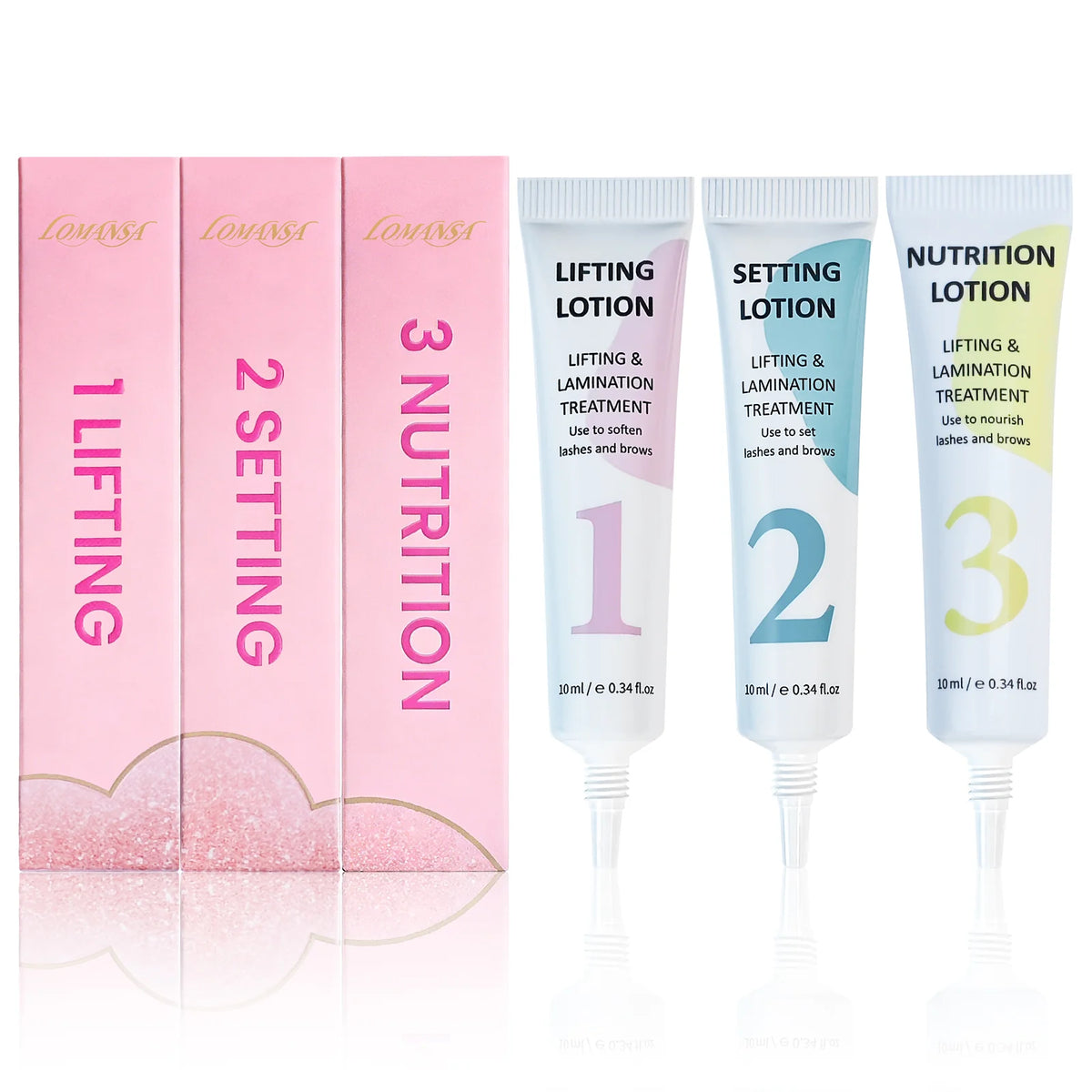 LOMANSA lash and brow lift lotion set with Step 1 lifting lotion and Step 2 setting lotion in 10 ml tubes.