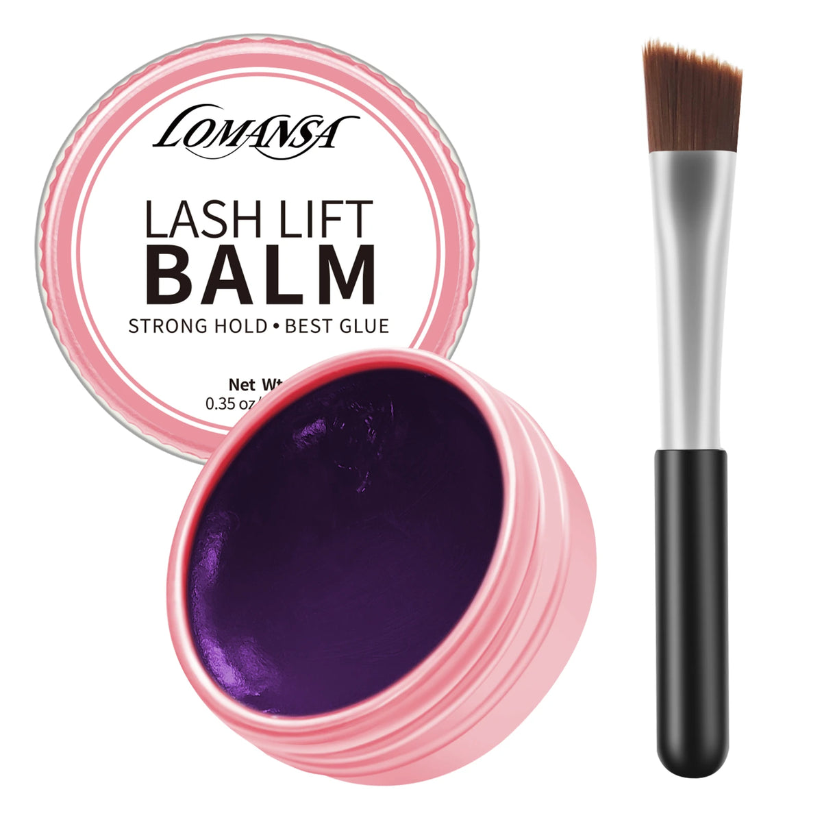 LOMANSA grape lash lift balm with open purple balm jar and angled application brush on a white background.