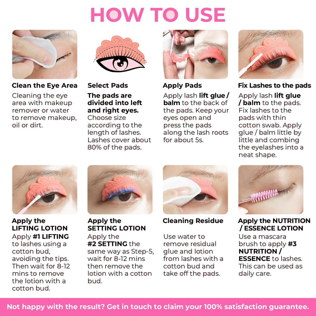 Illustrated LOMANSA lash lift guide showing preparation, shield placement, lifting, setting, cleaning and nutrition lotion application.
