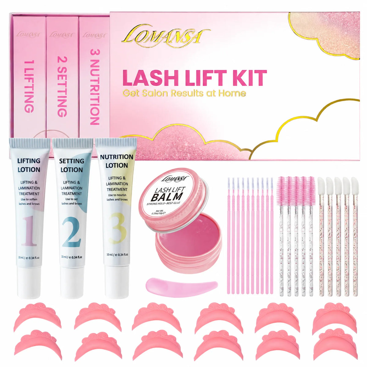 LOMANSA open-eye lash lift and brow lamination kit with lotion tubes, tools and pink salon-quality packaging.