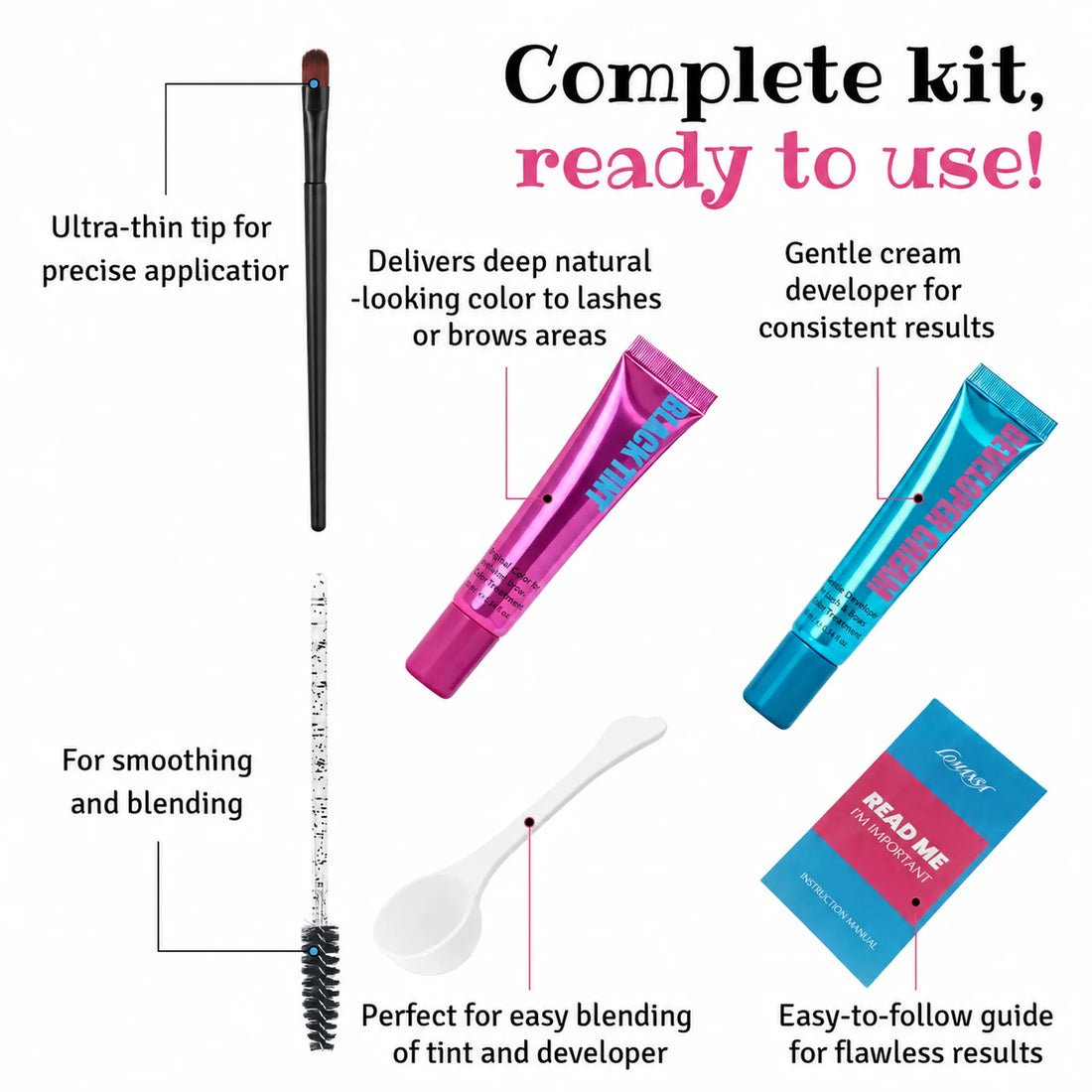 LOMANSA black lash and brow tint complete kit with applicator brush, spoolies, mixing spoon, tint, developer, and guide
