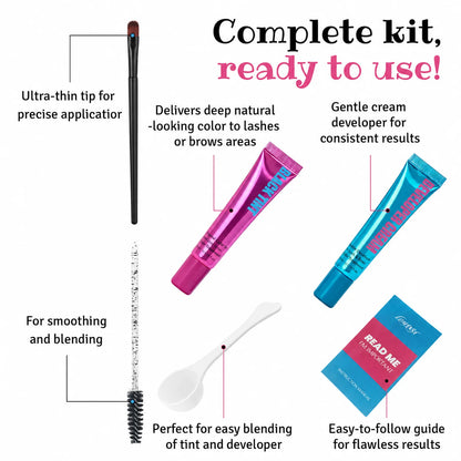 LOMANSA black lash and brow tint complete kit with applicator brush, spoolies, mixing spoon, tint, developer, and guide
