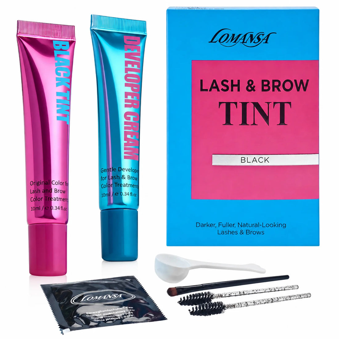 LOMANSA 10ml black lash and brow tint kit with tint cream, developer, mixing spoon, brush, spoolies, and gloves