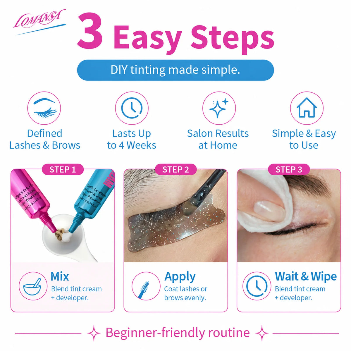 LOMANSA lash and brow tint 3-step guide: mix tint and developer, apply to lashes or brows, then wait and wipe