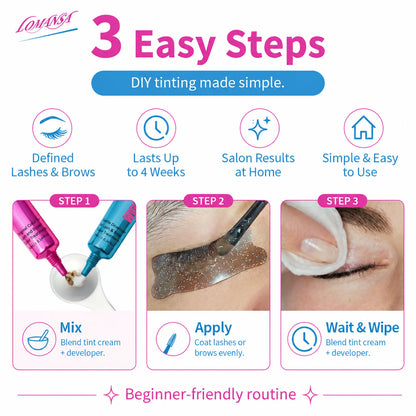 LOMANSA lash and brow tint 3-step guide: mix tint and developer, apply to lashes or brows, then wait and wipe