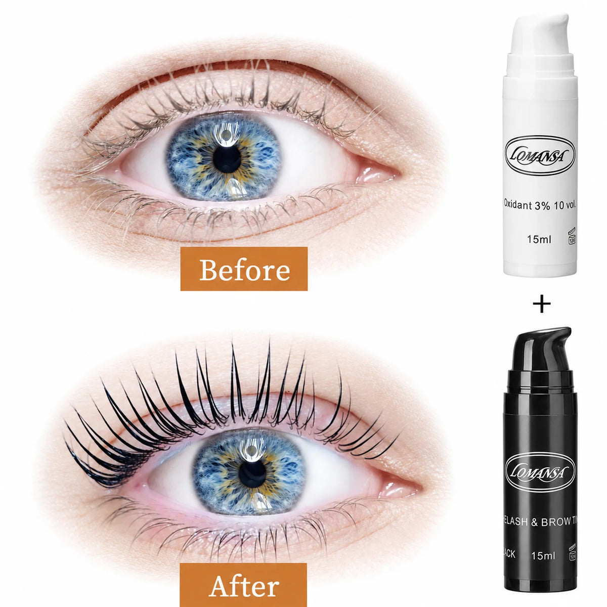 LOMANSA black lash tint before and after showing darker, more defined-looking eyelashes