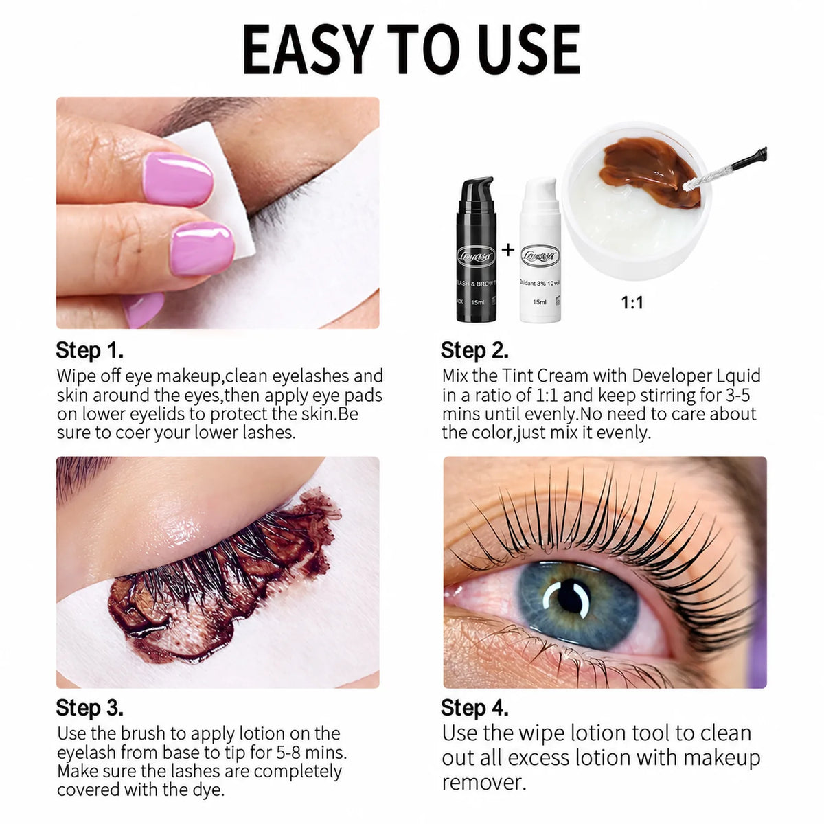 LOMANSA black lash tint 4-step guide showing prep, 1:1 mixing, application and cleanup