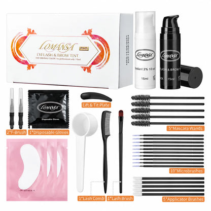 LOMANSA 15ml black lash and brow tint kit contents with tint, developer, brushes, comb, eye pads, gloves and spoon
